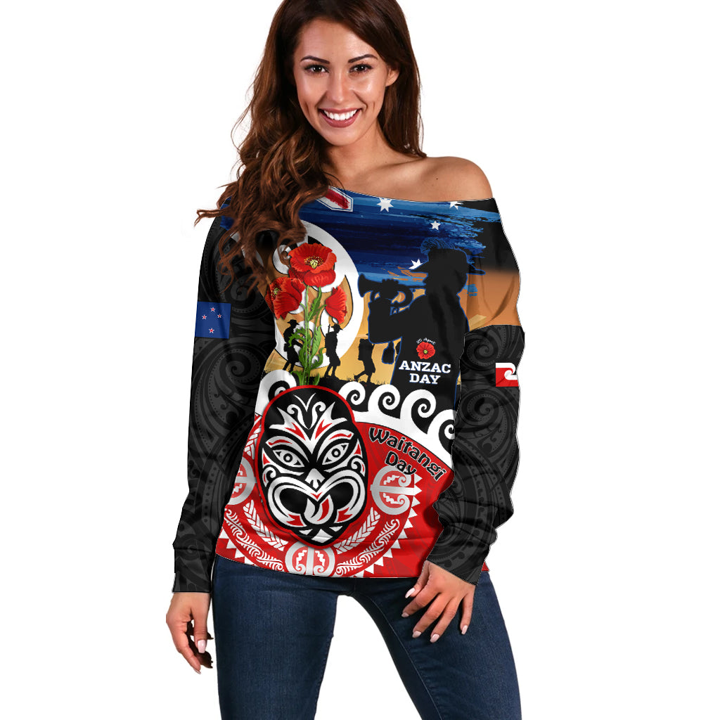 New Zealand Waitangi And ANZAC Day Off Shoulder Sweater Aotearoa Maori Tiki With Last Post