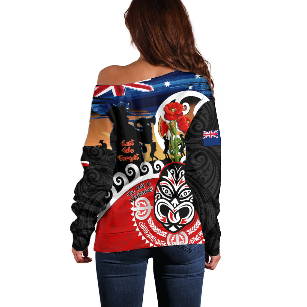New Zealand Waitangi And ANZAC Day Off Shoulder Sweater Aotearoa Maori Tiki With Last Post