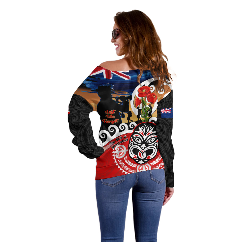 New Zealand Waitangi And ANZAC Day Off Shoulder Sweater Aotearoa Maori Tiki With Last Post
