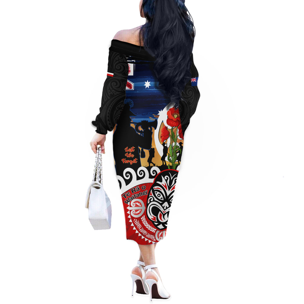 New Zealand Waitangi And ANZAC Day Off The Shoulder Long Sleeve Dress Aotearoa Maori Tiki With Last Post