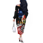 New Zealand Waitangi And ANZAC Day Off The Shoulder Long Sleeve Dress Aotearoa Maori Tiki With Last Post