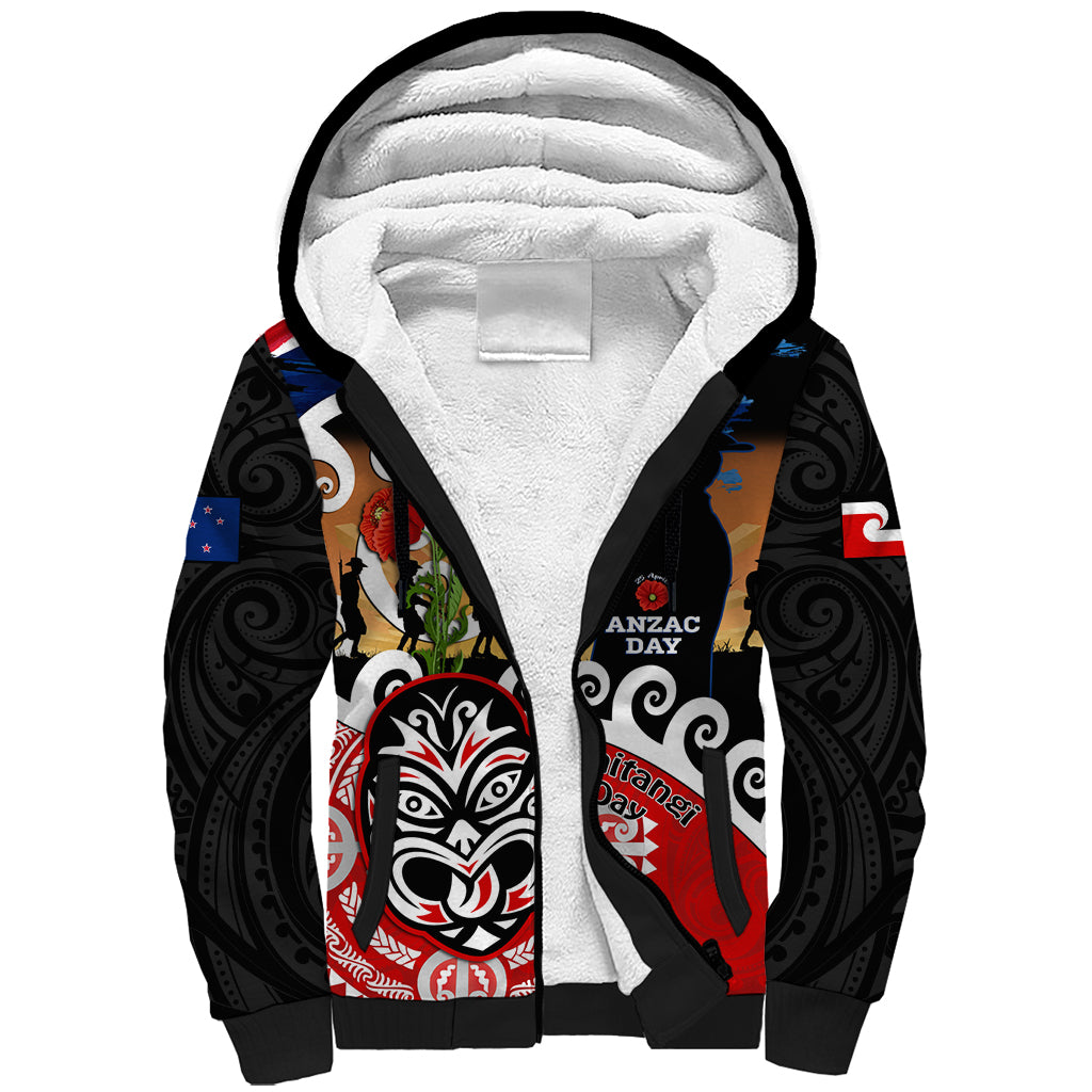 New Zealand Waitangi And ANZAC Day Sherpa Hoodie Aotearoa Maori Tiki With Last Post