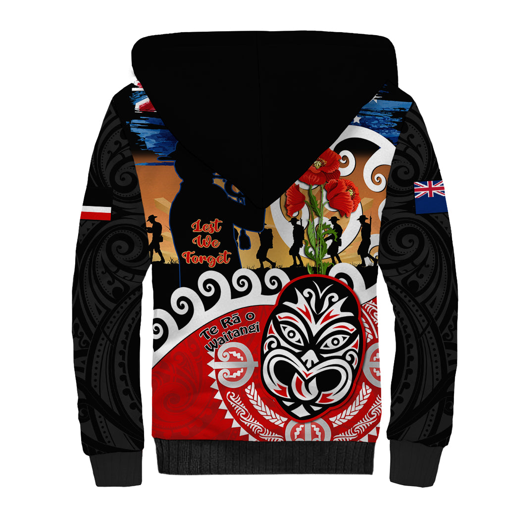 New Zealand Waitangi And ANZAC Day Sherpa Hoodie Aotearoa Maori Tiki With Last Post