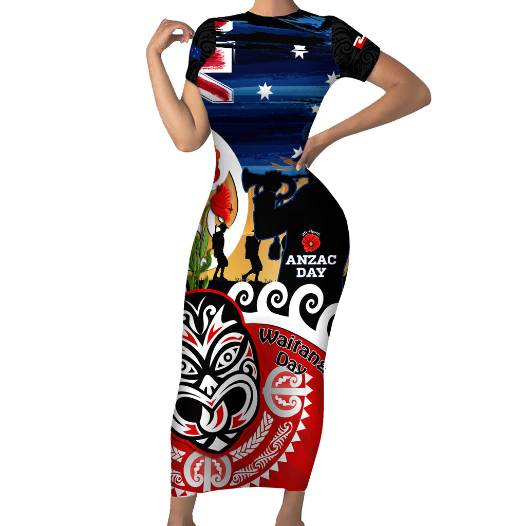 New Zealand Waitangi And ANZAC Day Short Sleeve Bodycon Dress Aotearoa Maori Tiki With Last Post