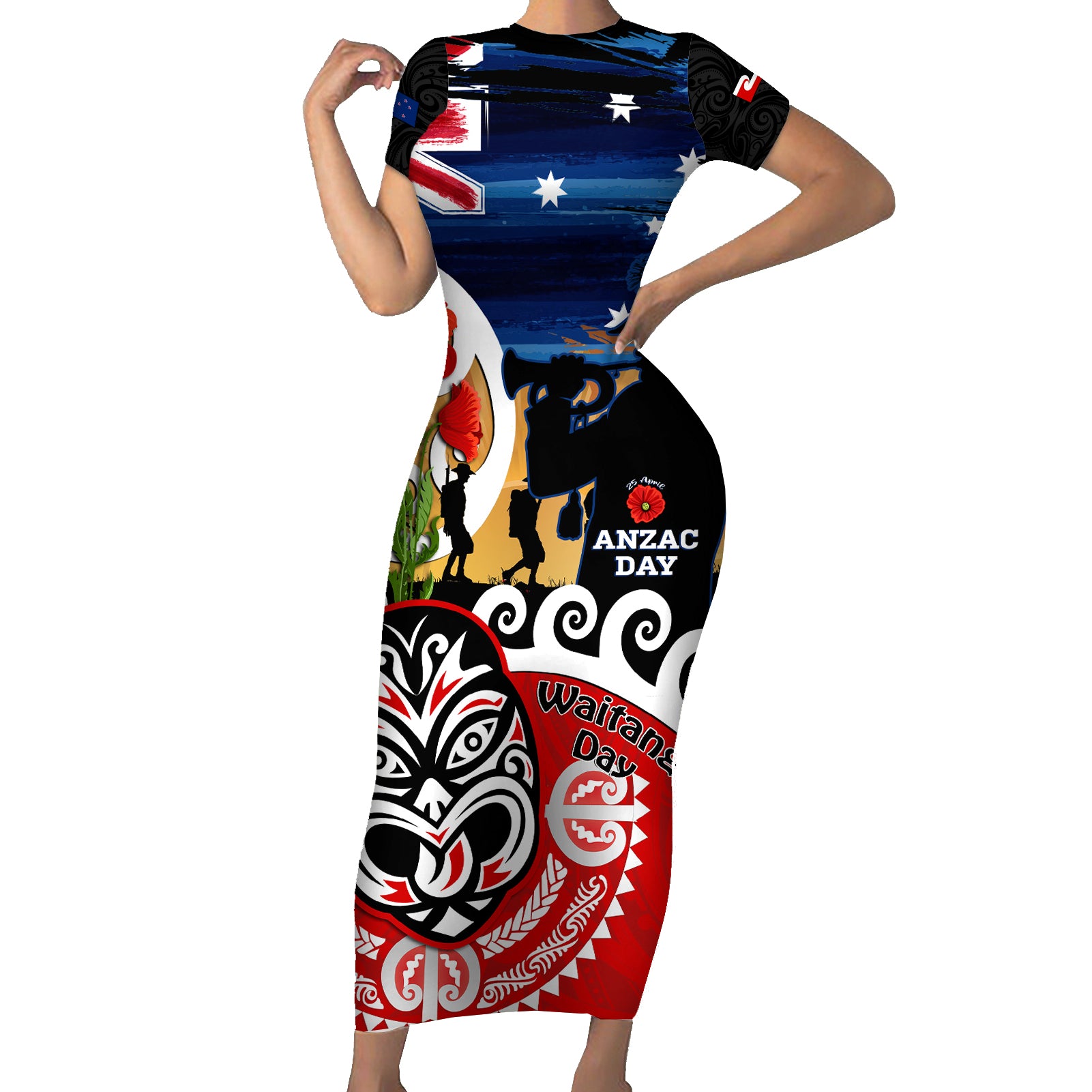 New Zealand Waitangi And ANZAC Day Short Sleeve Bodycon Dress Aotearoa Maori Tiki With Last Post