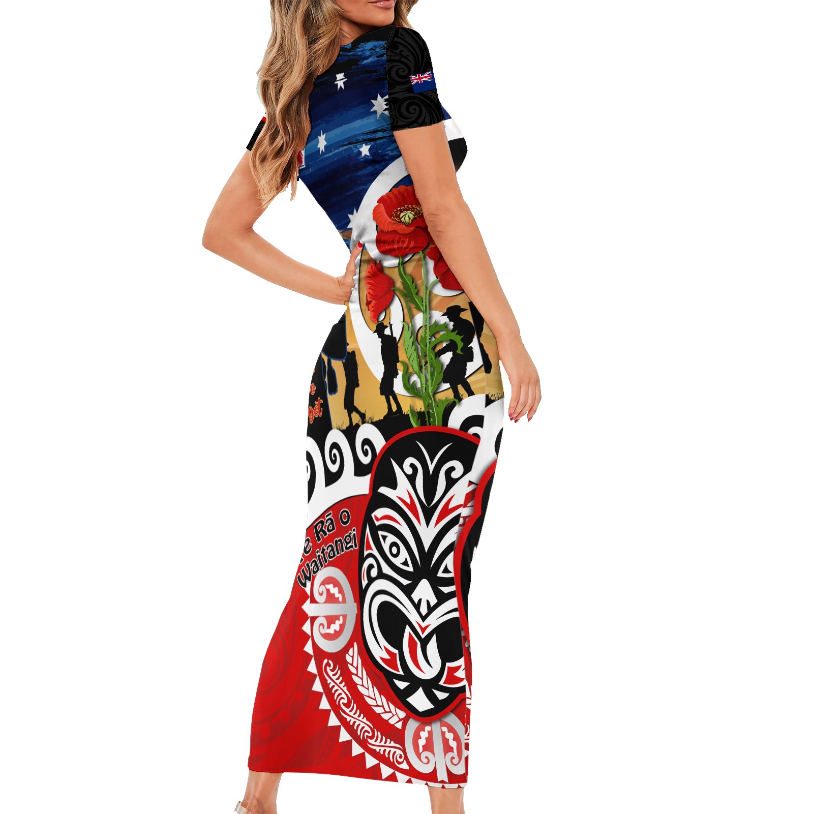 New Zealand Waitangi And ANZAC Day Short Sleeve Bodycon Dress Aotearoa Maori Tiki With Last Post