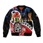 New Zealand Waitangi And ANZAC Day Sleeve Zip Bomber Jacket Aotearoa Maori Tiki With Last Post