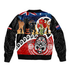 New Zealand Waitangi And ANZAC Day Sleeve Zip Bomber Jacket Aotearoa Maori Tiki With Last Post