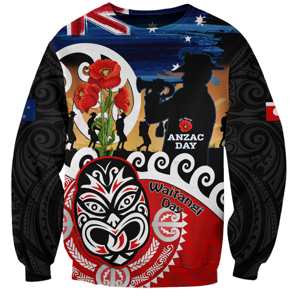 New Zealand Waitangi And ANZAC Day Sweatshirt Aotearoa Maori Tiki With Last Post