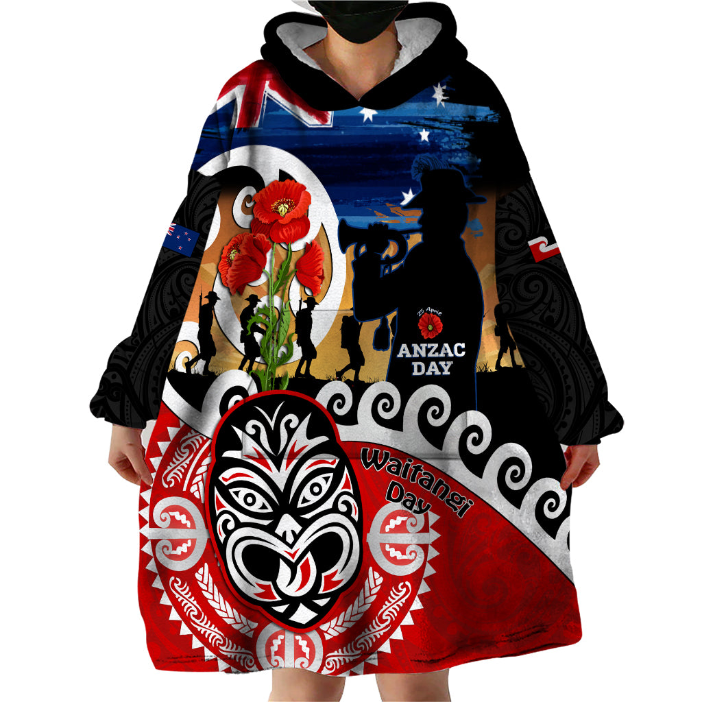 New Zealand Waitangi And ANZAC Day Wearable Blanket Hoodie Aotearoa Maori Tiki With Last Post