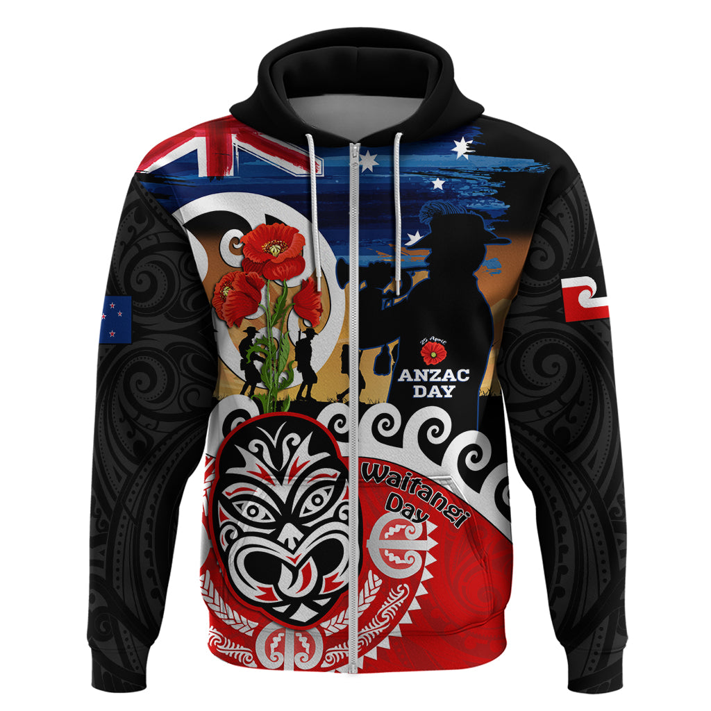 New Zealand Waitangi And ANZAC Day Zip Hoodie Aotearoa Maori Tiki With Last Post