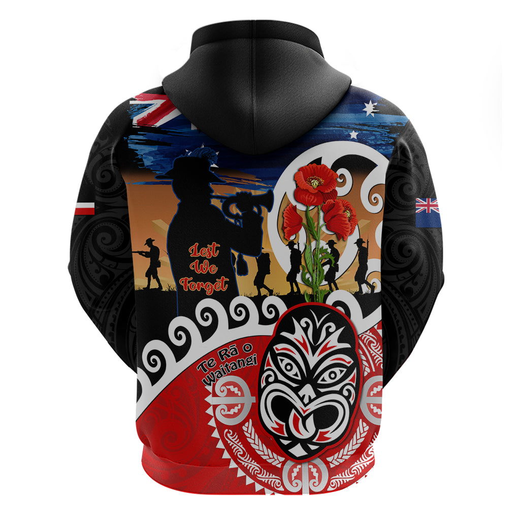 New Zealand Waitangi And ANZAC Day Zip Hoodie Aotearoa Maori Tiki With Last Post