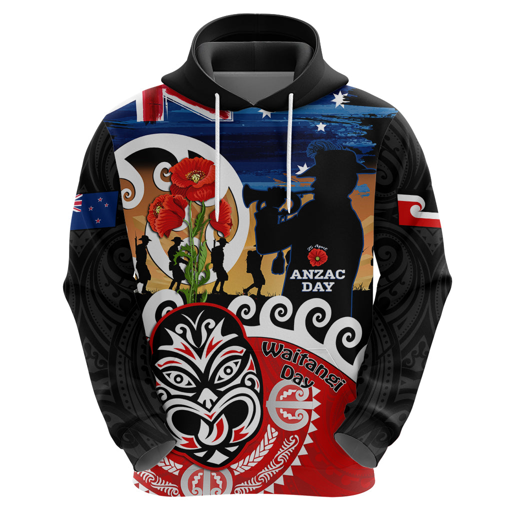 New Zealand Waitangi And ANZAC Day Zip Hoodie Aotearoa Maori Tiki With Last Post