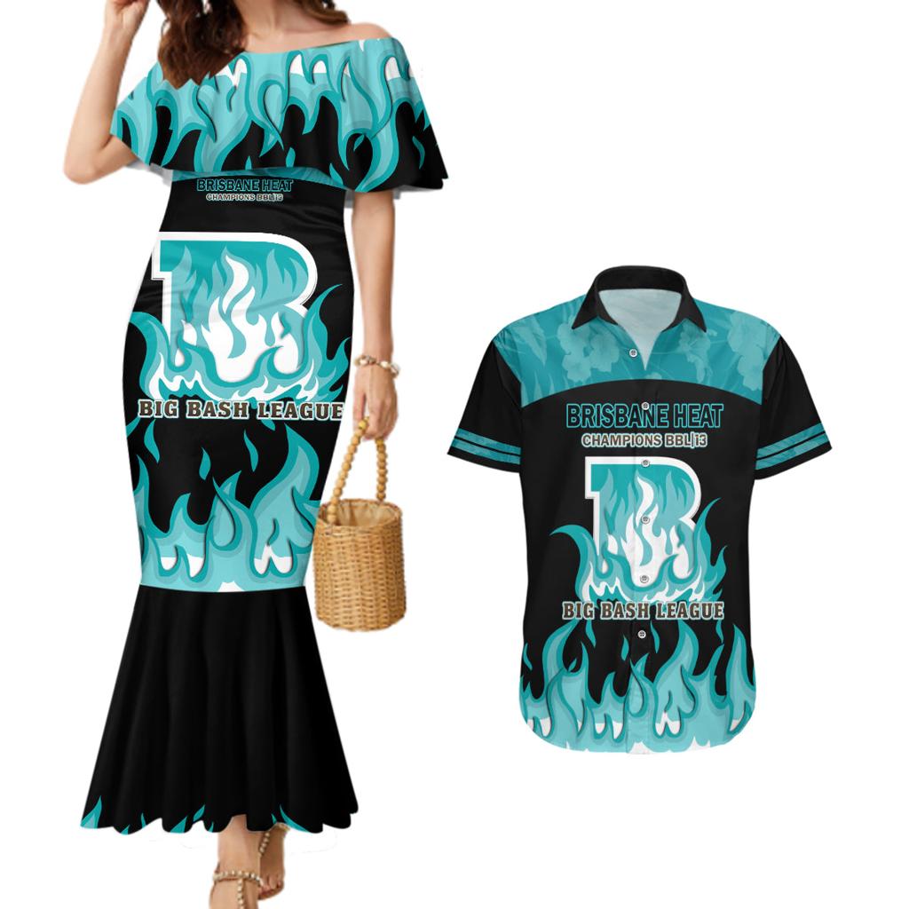 Personalised BBL Brisbane Heat Couples Matching Mermaid Dress and Hawaiian Shirt 2nd Champions 2024 New History