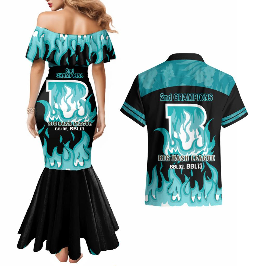 Personalised BBL Brisbane Heat Couples Matching Mermaid Dress and Hawaiian Shirt 2nd Champions 2024 New History