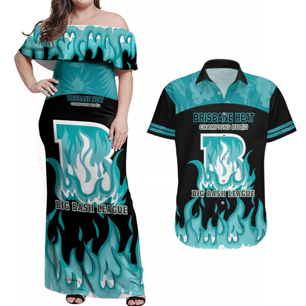 Personalised BBL Brisbane Heat Couples Matching Off Shoulder Maxi Dress and Hawaiian Shirt 2nd Champions 2024 New History