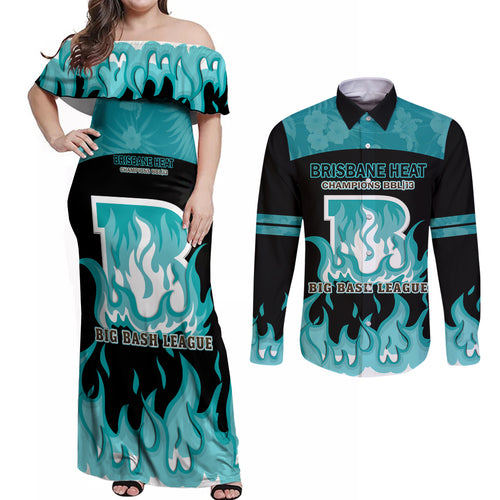 Personalised BBL Brisbane Heat Couples Matching Off Shoulder Maxi Dress and Long Sleeve Button Shirt 2nd Champions 2024 New History