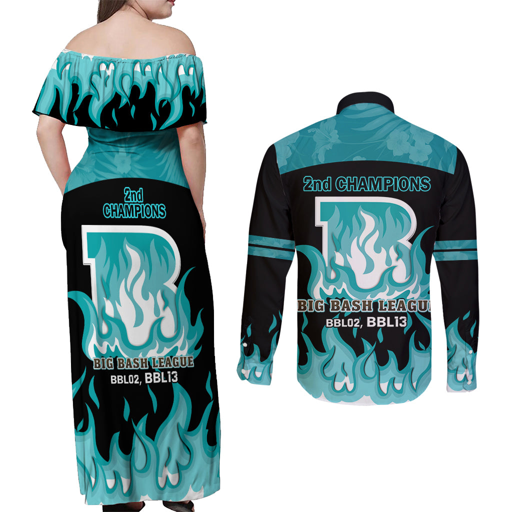 Personalised BBL Brisbane Heat Couples Matching Off Shoulder Maxi Dress and Long Sleeve Button Shirt 2nd Champions 2024 New History
