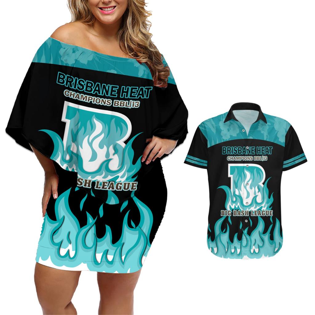 Personalised BBL Brisbane Heat Couples Matching Off Shoulder Short Dress and Hawaiian Shirt 2nd Champions 2024 New History