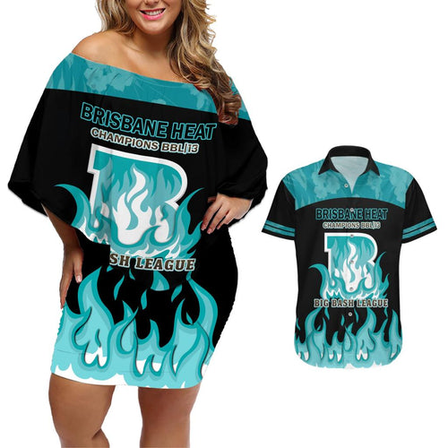 Personalised BBL Brisbane Heat Couples Matching Off Shoulder Short Dress and Hawaiian Shirt 2nd Champions 2024 New History
