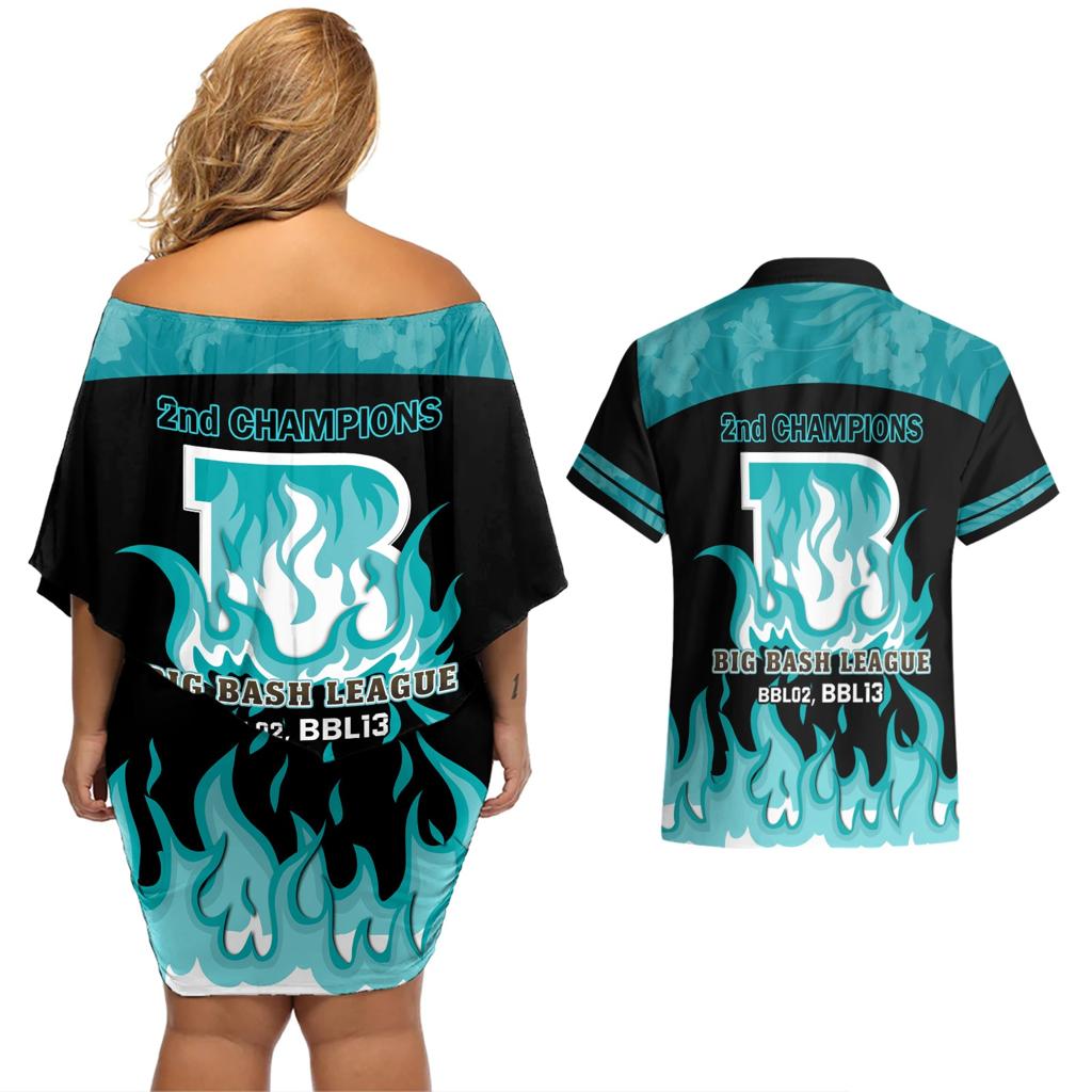 Personalised BBL Brisbane Heat Couples Matching Off Shoulder Short Dress and Hawaiian Shirt 2nd Champions 2024 New History