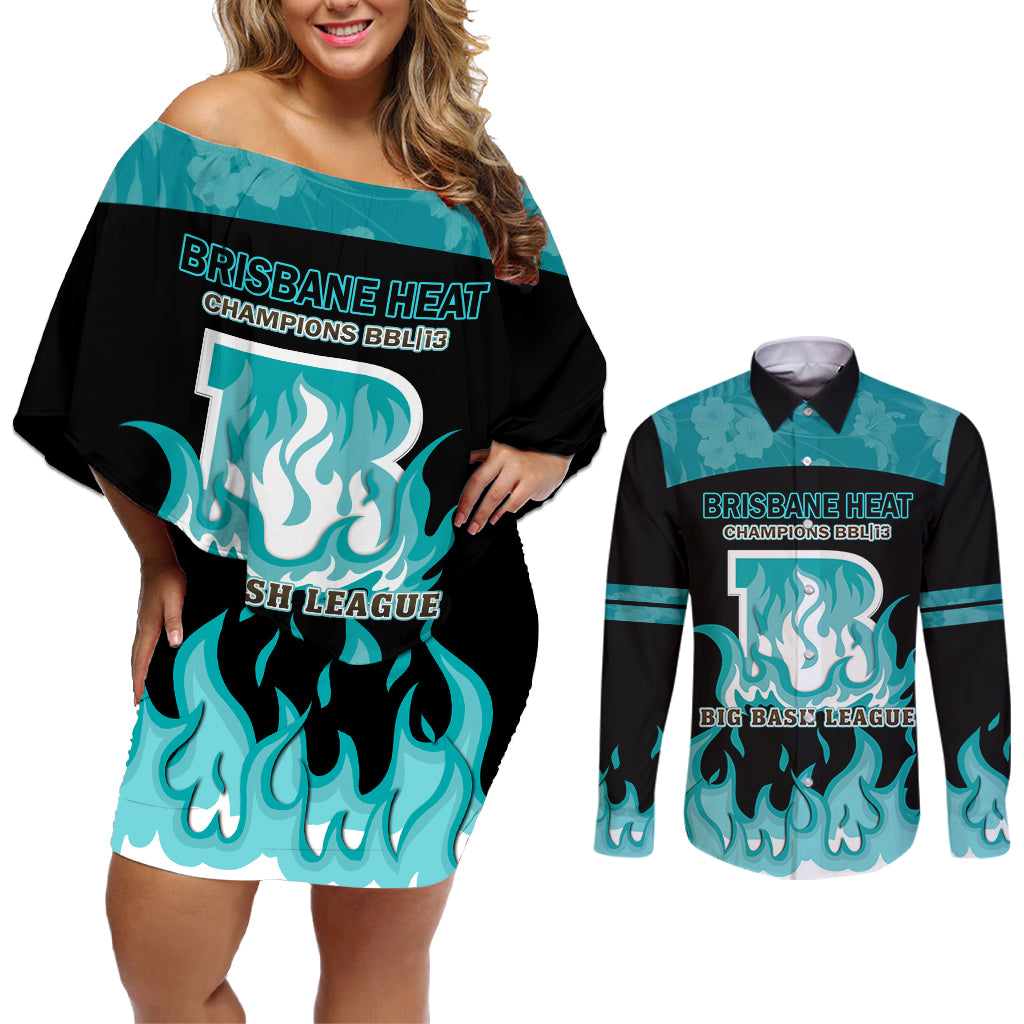 Personalised BBL Brisbane Heat Couples Matching Off Shoulder Short Dress and Long Sleeve Button Shirt 2nd Champions 2024 New History