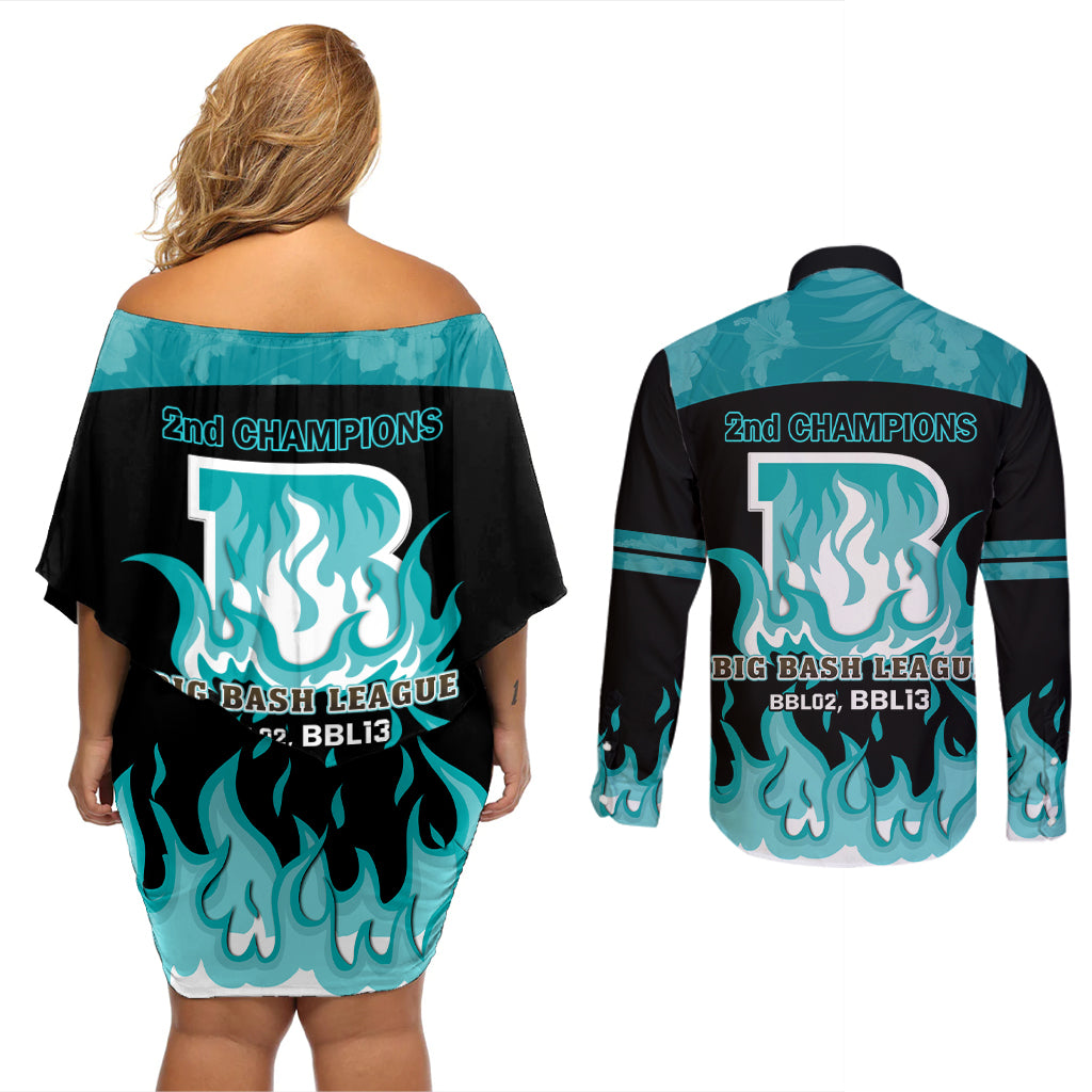 Personalised BBL Brisbane Heat Couples Matching Off Shoulder Short Dress and Long Sleeve Button Shirt 2nd Champions 2024 New History