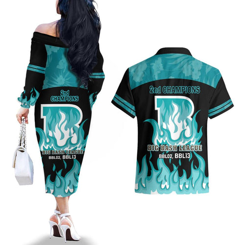 Personalised BBL Brisbane Heat Couples Matching Off The Shoulder Long Sleeve Dress and Hawaiian Shirt 2nd Champions 2024 New History