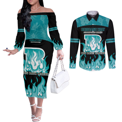 Personalised BBL Brisbane Heat Couples Matching Off The Shoulder Long Sleeve Dress and Long Sleeve Button Shirt 2nd Champions 2024 New History