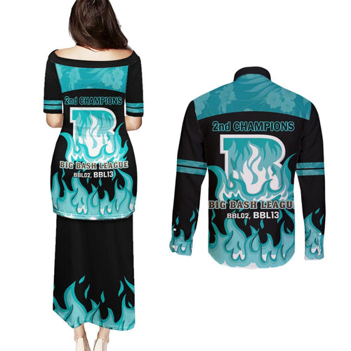 Personalised BBL Brisbane Heat Couples Matching Puletasi and Long Sleeve Button Shirt 2nd Champions 2024 New History