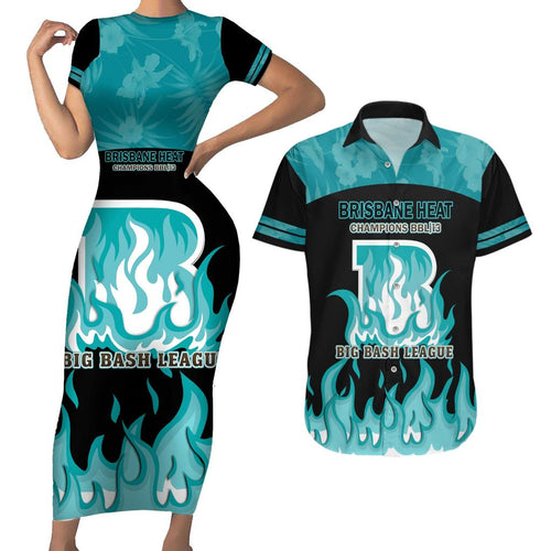Personalised BBL Brisbane Heat Couples Matching Short Sleeve Bodycon Dress and Hawaiian Shirt 2nd Champions 2024 New History