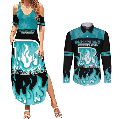 Personalised BBL Brisbane Heat Couples Matching Summer Maxi Dress and Long Sleeve Button Shirt 2nd Champions 2024 New History