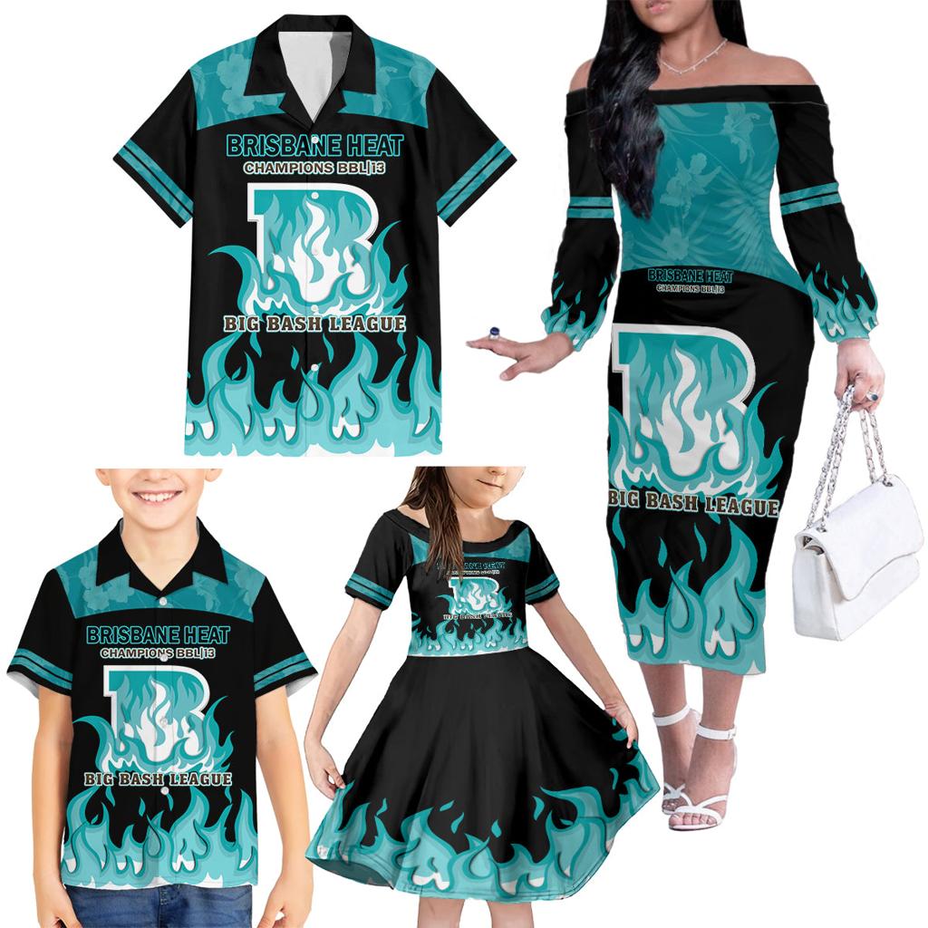 Personalised BBL Brisbane Heat Family Matching Off Shoulder Long Sleeve Dress and Hawaiian Shirt 2nd Champions 2024 New History