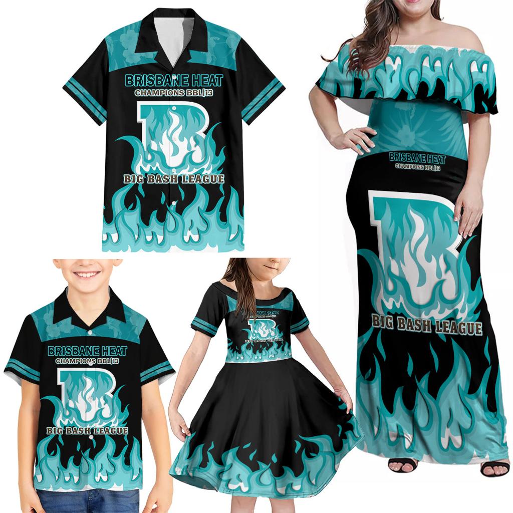 Personalised BBL Brisbane Heat Family Matching Off Shoulder Maxi Dress and Hawaiian Shirt 2nd Champions 2024 New History