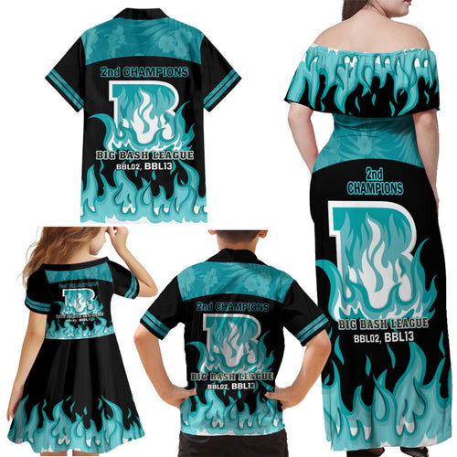 Personalised BBL Brisbane Heat Family Matching Off Shoulder Maxi Dress and Hawaiian Shirt 2nd Champions 2024 New History