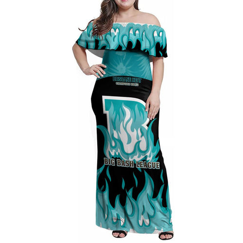 Personalised BBL Brisbane Heat Family Matching Off Shoulder Maxi Dress and Hawaiian Shirt 2nd Champions 2024 New History