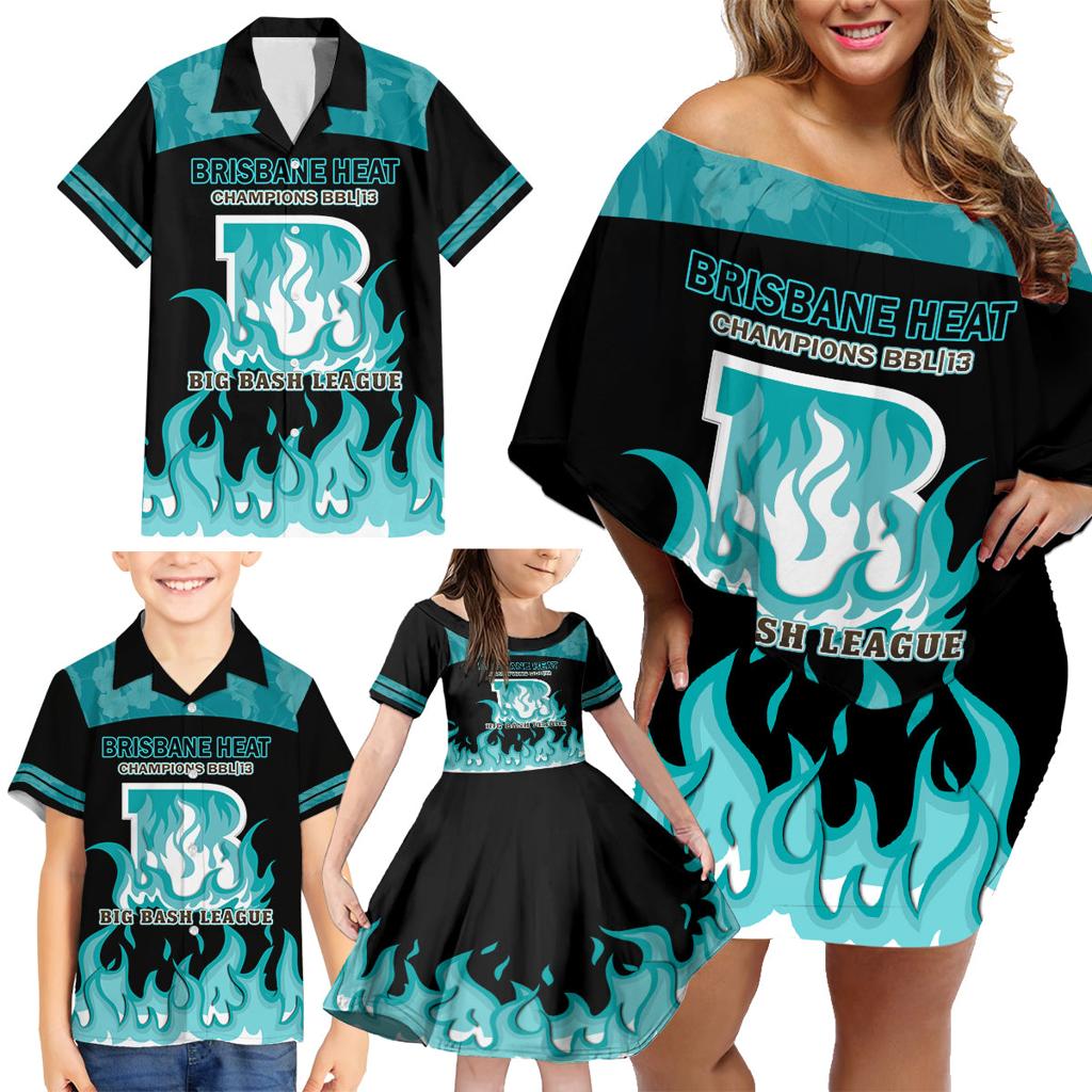 Personalised BBL Brisbane Heat Family Matching Off Shoulder Short Dress and Hawaiian Shirt 2nd Champions 2024 New History