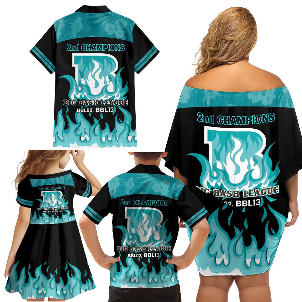 Personalised BBL Brisbane Heat Family Matching Off Shoulder Short Dress and Hawaiian Shirt 2nd Champions 2024 New History