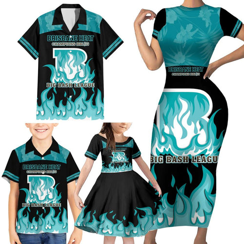 Personalised BBL Brisbane Heat Family Matching Short Sleeve Bodycon Dress and Hawaiian Shirt 2nd Champions 2024 New History
