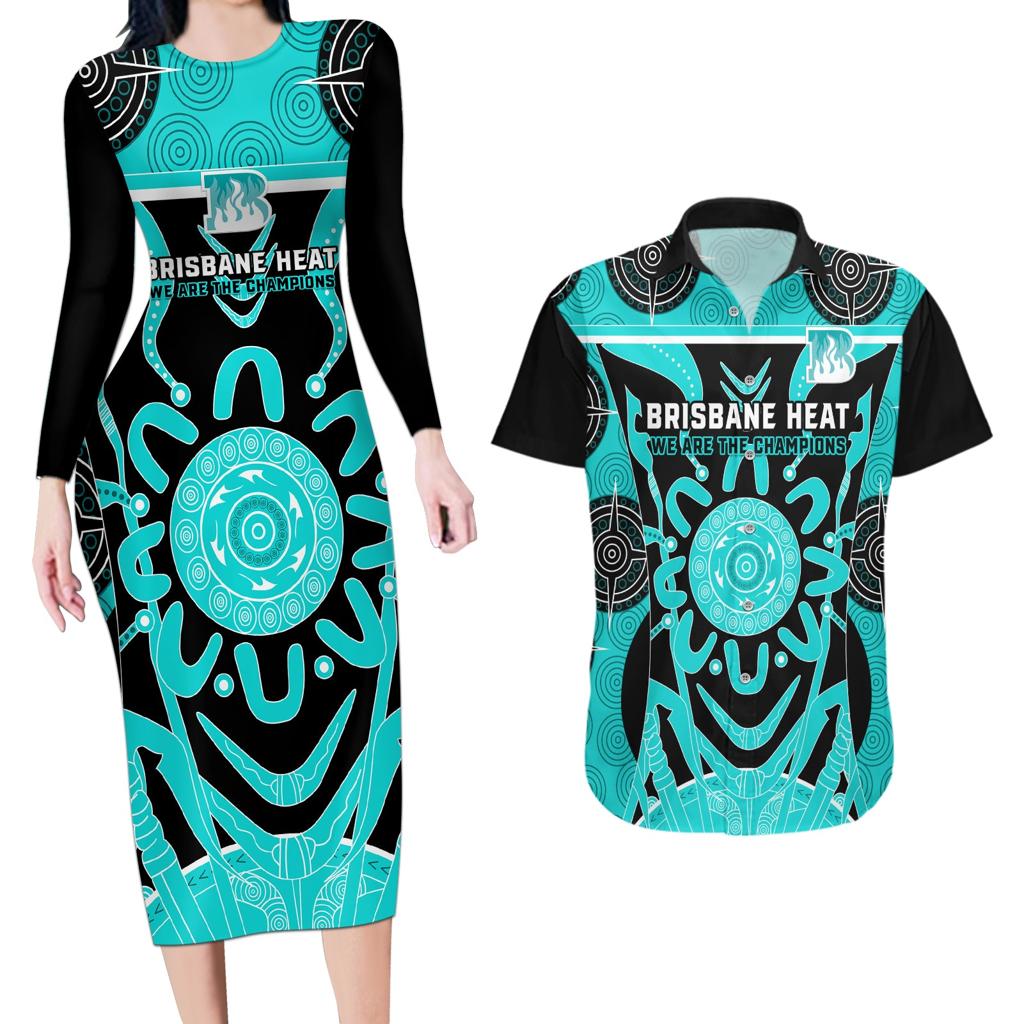 Custom Brisbane Heat Couples Matching Long Sleeve Bodycon Dress and Hawaiian Shirt We Are The Champions Aboriginal Art