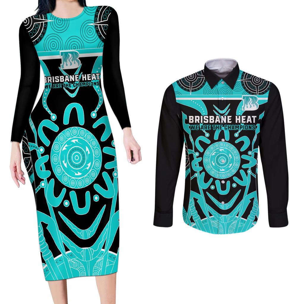 Custom Brisbane Heat Couples Matching Long Sleeve Bodycon Dress and Long Sleeve Button Shirt We Are The Champions Aboriginal Art