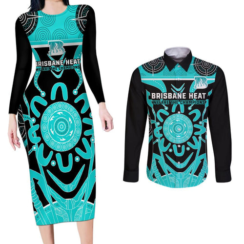 Custom Brisbane Heat Couples Matching Long Sleeve Bodycon Dress and Long Sleeve Button Shirt We Are The Champions Aboriginal Art