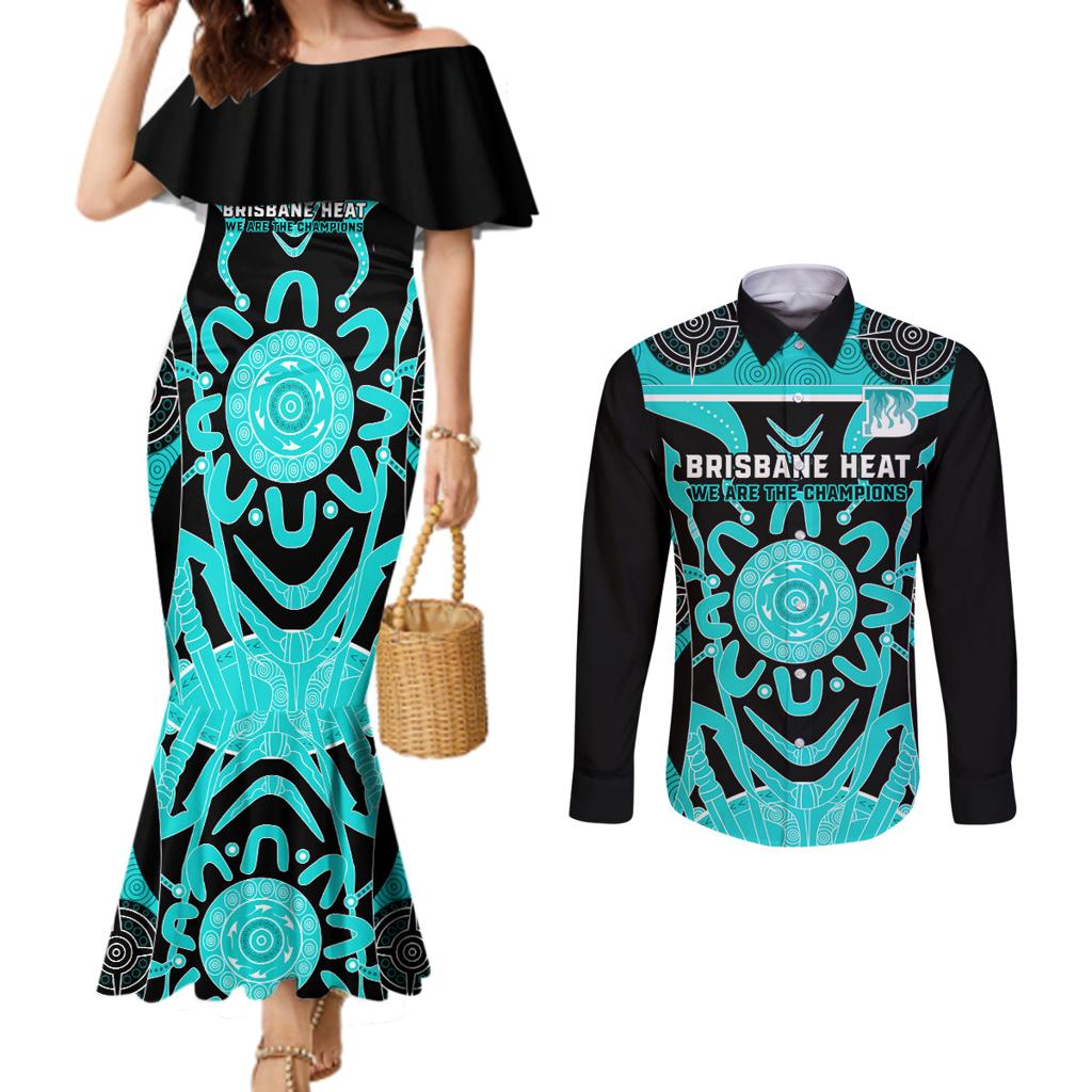 Custom Brisbane Heat Couples Matching Mermaid Dress and Long Sleeve Button Shirt We Are The Champions Aboriginal Art