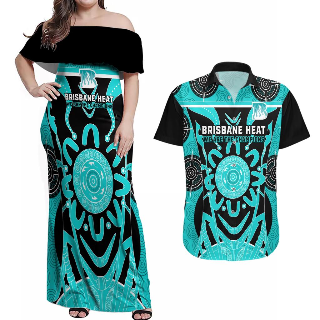 Custom Brisbane Heat Couples Matching Off Shoulder Maxi Dress and Hawaiian Shirt We Are The Champions Aboriginal Art