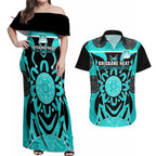 Custom Brisbane Heat Couples Matching Off Shoulder Maxi Dress and Hawaiian Shirt We Are The Champions Aboriginal Art