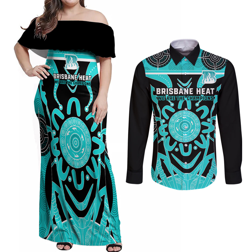 Custom Brisbane Heat Couples Matching Off Shoulder Maxi Dress and Long Sleeve Button Shirt We Are The Champions Aboriginal Art