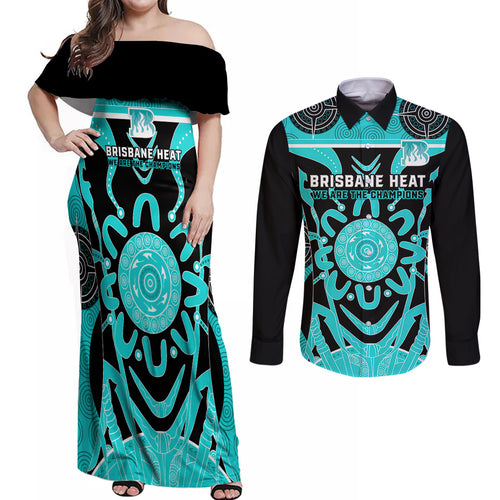 Custom Brisbane Heat Couples Matching Off Shoulder Maxi Dress and Long Sleeve Button Shirt We Are The Champions Aboriginal Art