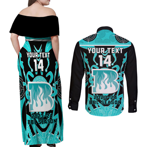 Custom Brisbane Heat Couples Matching Off Shoulder Maxi Dress and Long Sleeve Button Shirt We Are The Champions Aboriginal Art