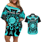 Custom Brisbane Heat Couples Matching Off Shoulder Short Dress and Hawaiian Shirt We Are The Champions Aboriginal Art