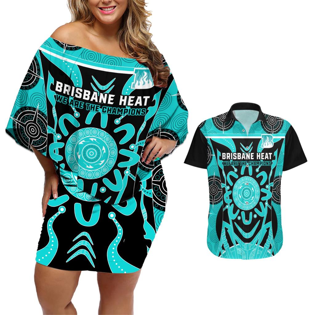 Custom Brisbane Heat Couples Matching Off Shoulder Short Dress and Hawaiian Shirt We Are The Champions Aboriginal Art